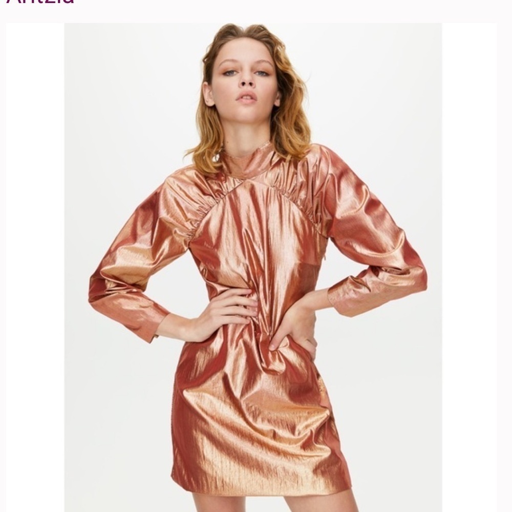 Aritzia Little Moon Sangria Metallic Long Sleeve Mini Dress in Copper Sz 2